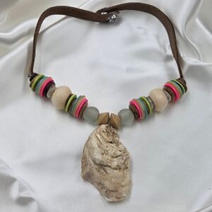 Colorful Beaded Necklace with Oyster Shell Pendant Twine & Twig Boho Style